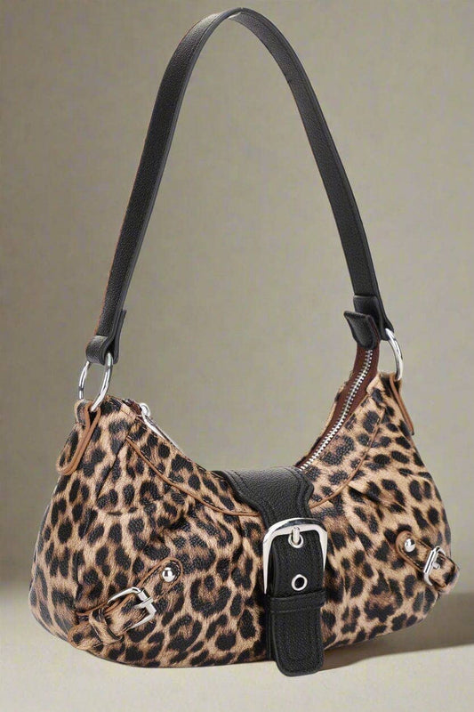 Leopard Print Buckle Baguette Shoulder Bag