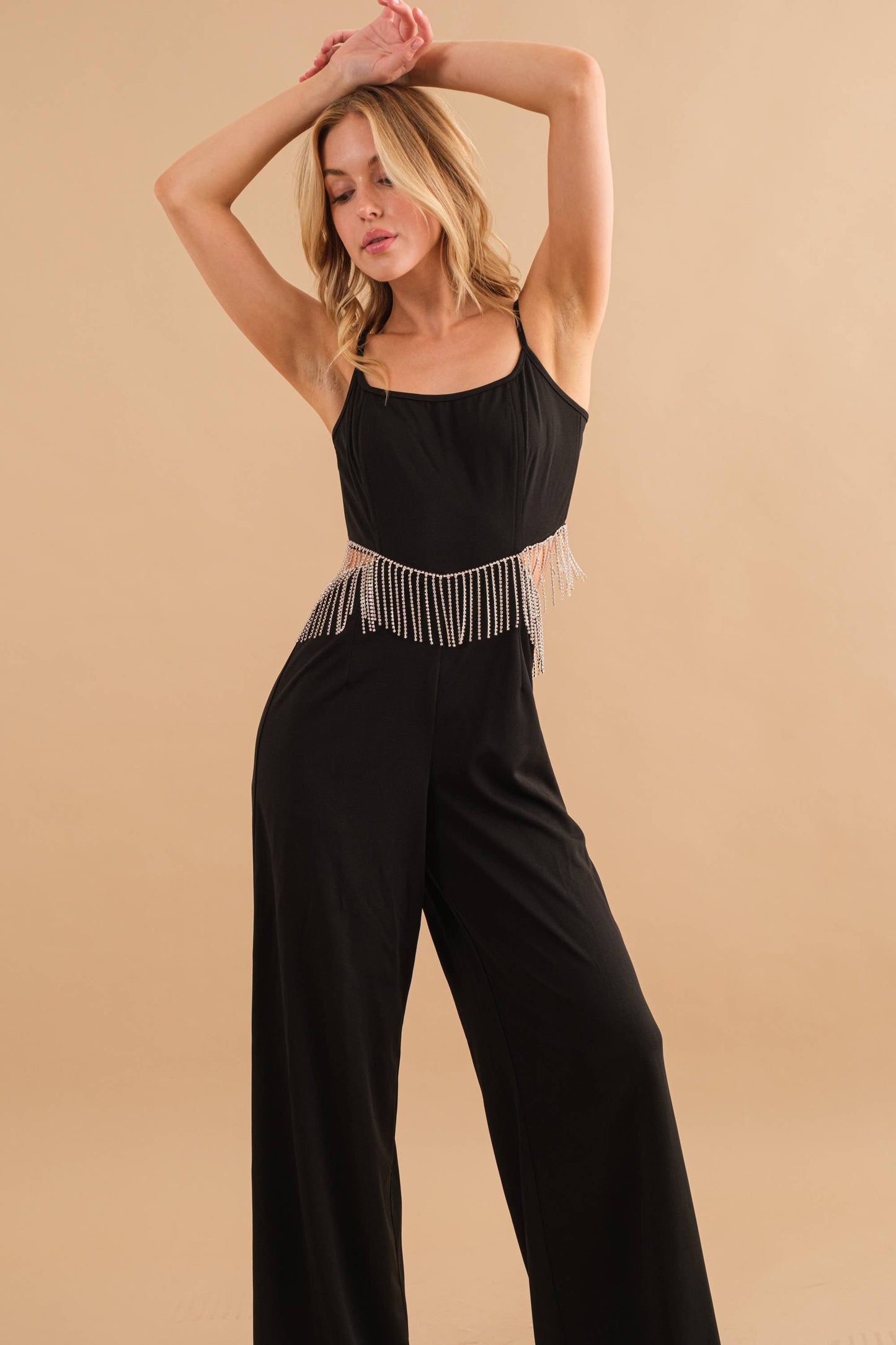 Rhinestone Fringe Cut Out Side Open Back Jumpsuit