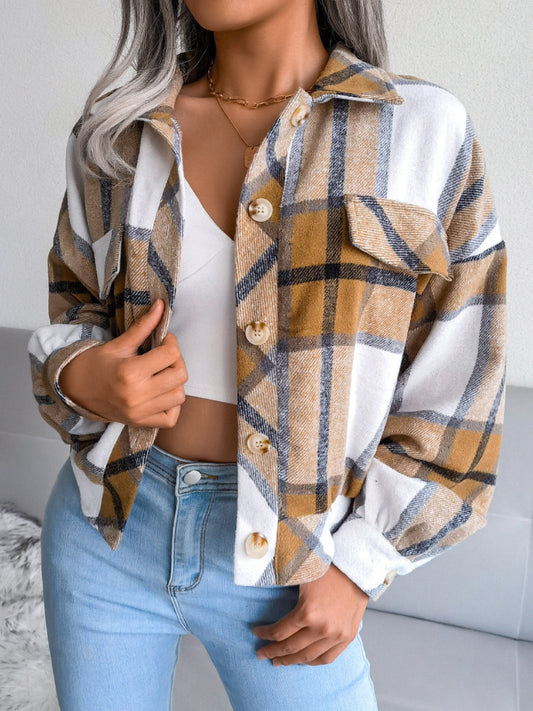 Camel Plaid Collared Long Sleeve Jacket *Online Only*