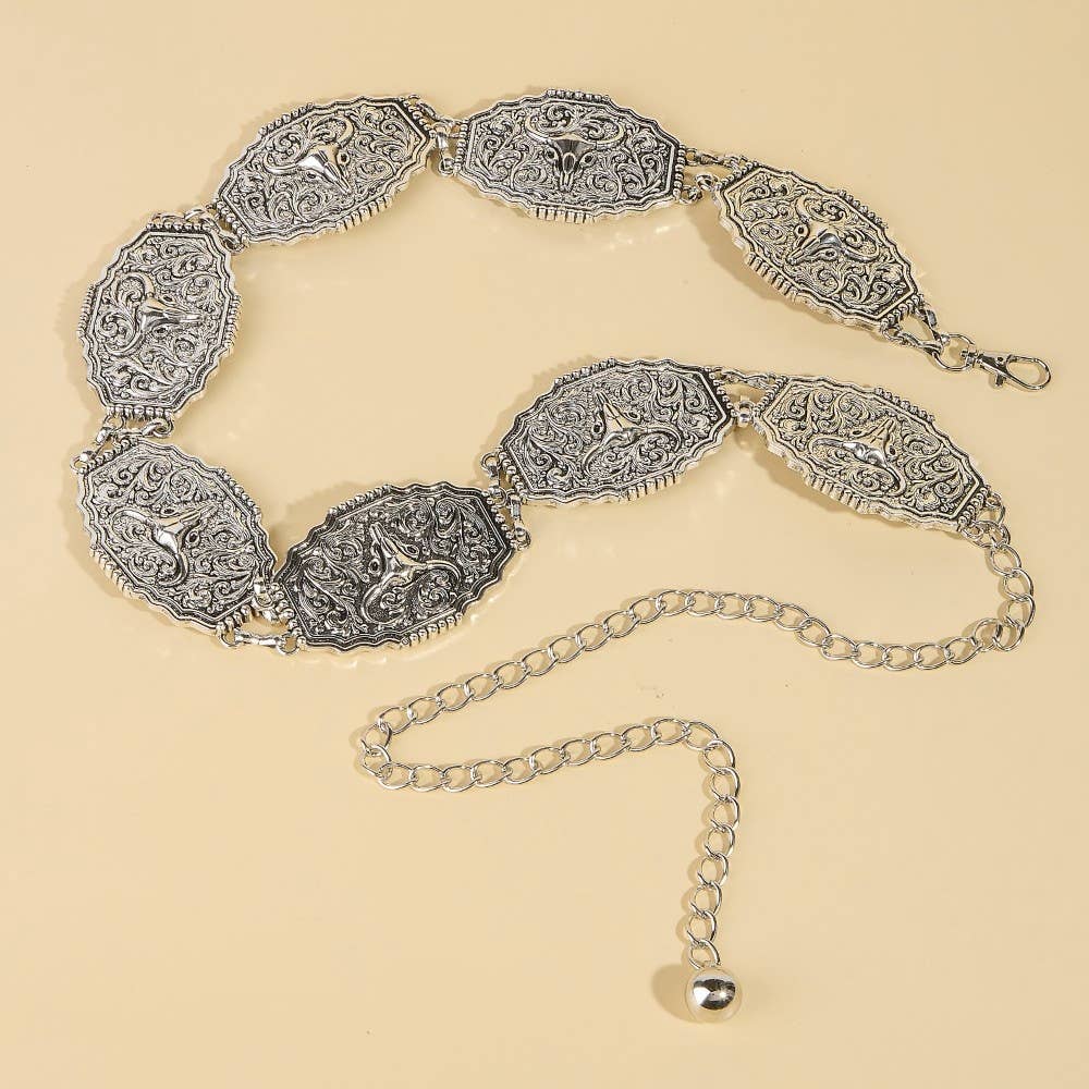 Western Bull Skull Engraved Concho Chain Belt