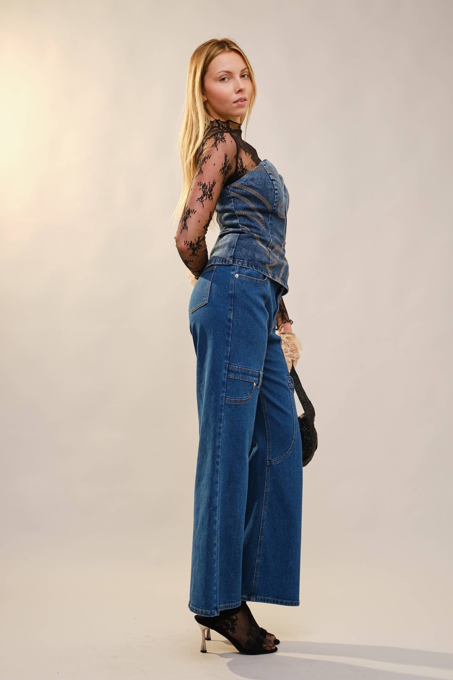 Country Sweetheart Cutout Embroidery Denim Top