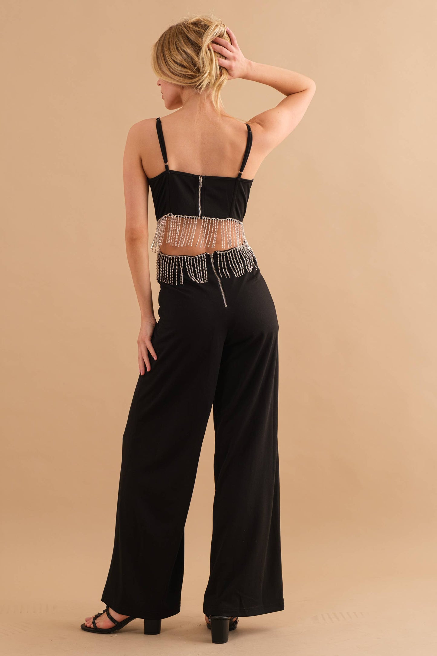 Rhinestone Fringe Cut Out Side Open Back Jumpsuit