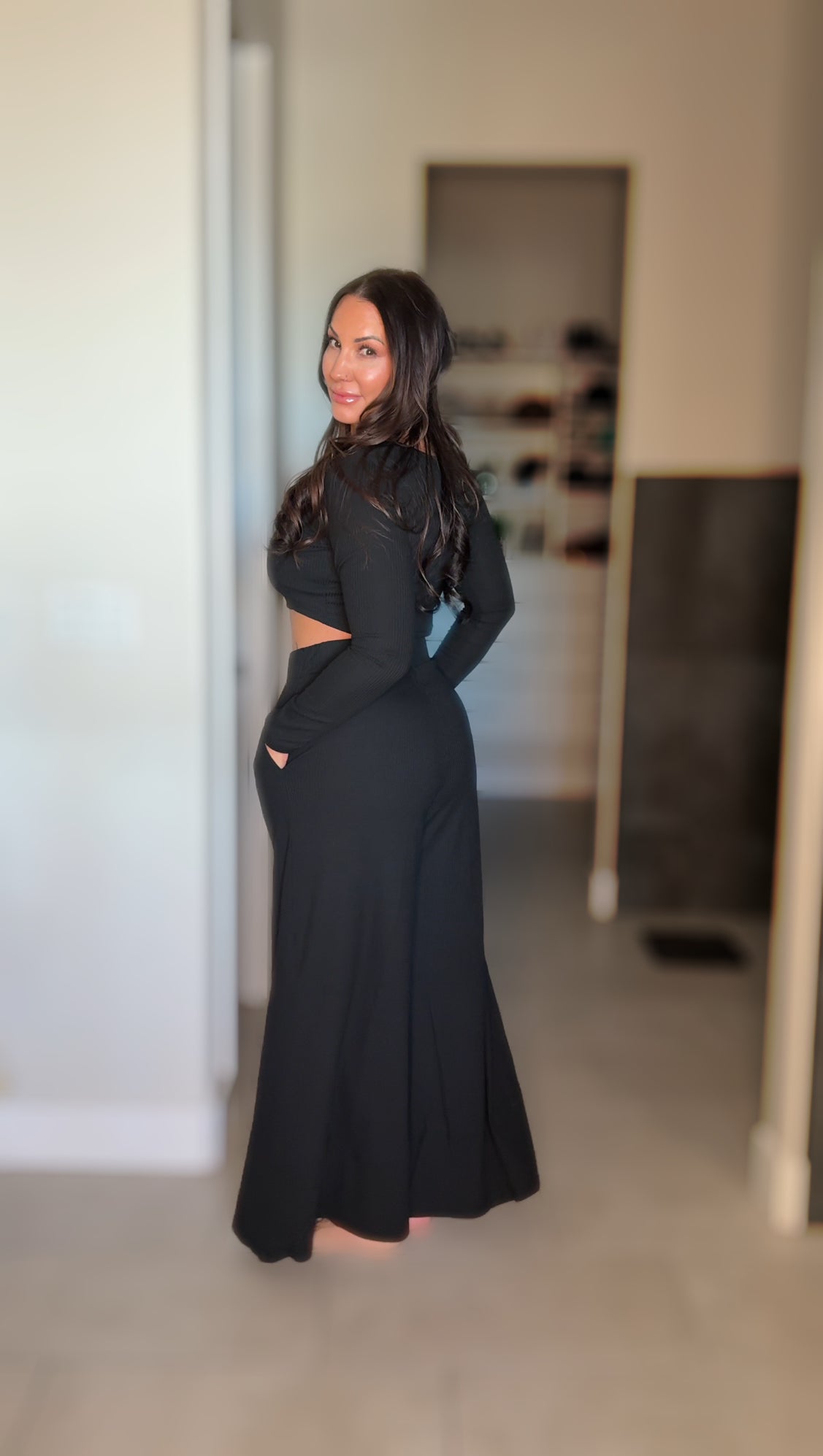 Black Ribbed Crop Top Long Pants Set