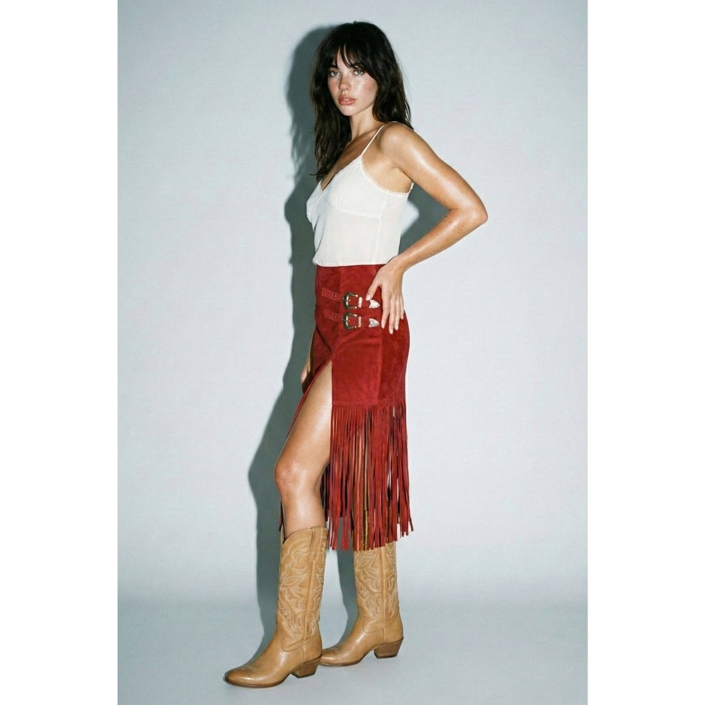 Black Suede Fringe Buckle Skirt