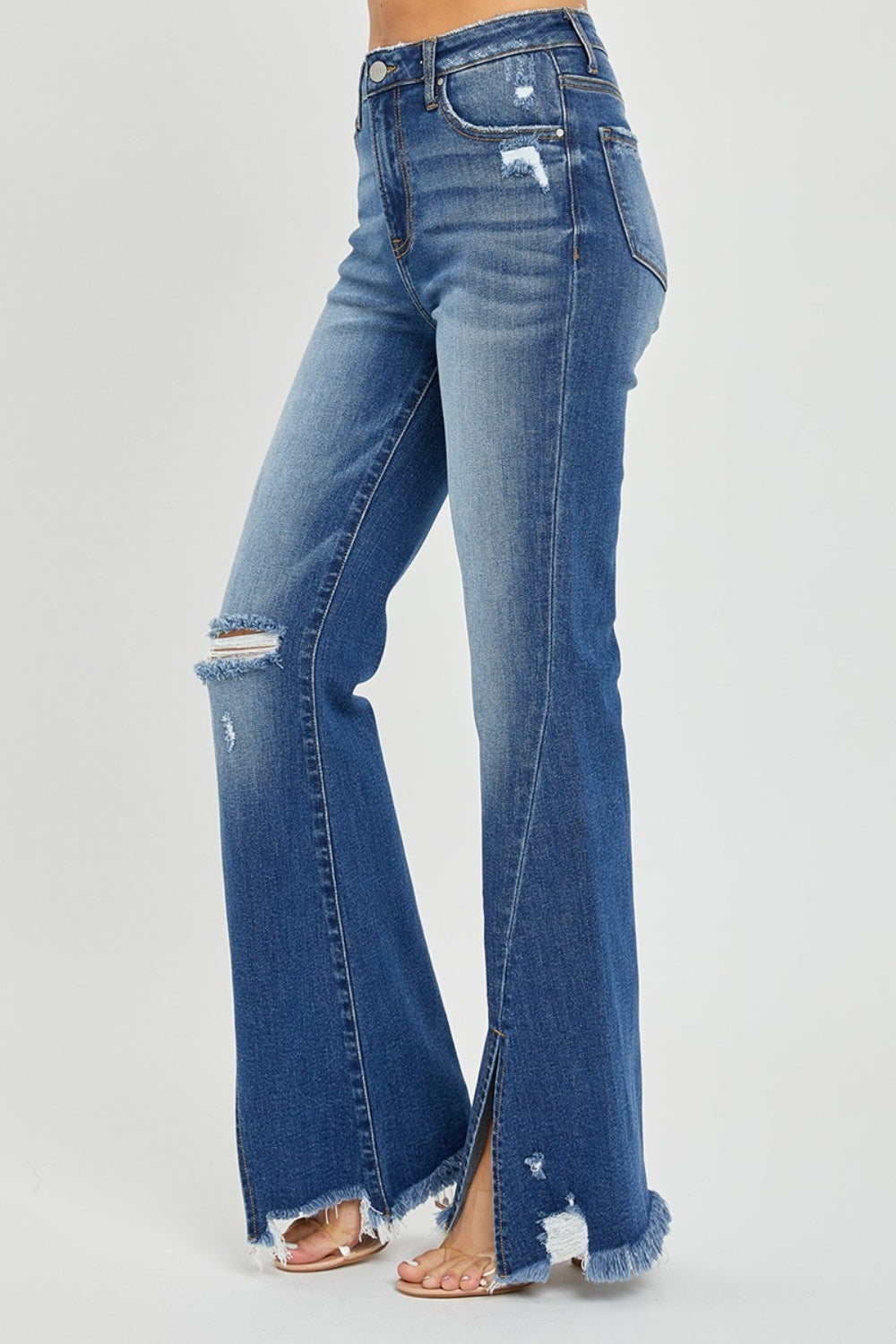 RISEN High Rise Front Slit Frayed Hem Flare Jeans *Online Only*