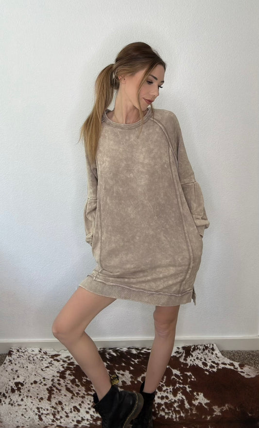 Mineral Washed Raglan Sleeve Casual Mini Dress