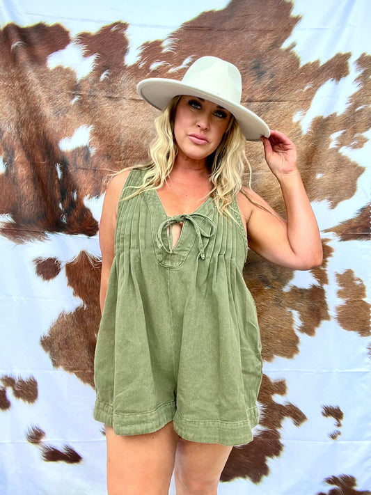 Ashley Denim Olive Pleated V Romper