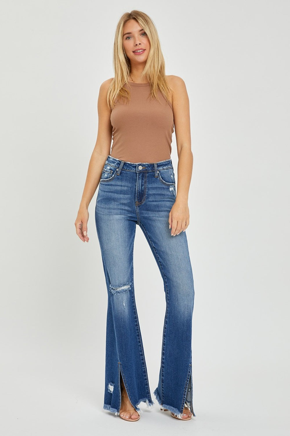 RISEN High Rise Front Slit Frayed Hem Flare Jeans *Online Only*