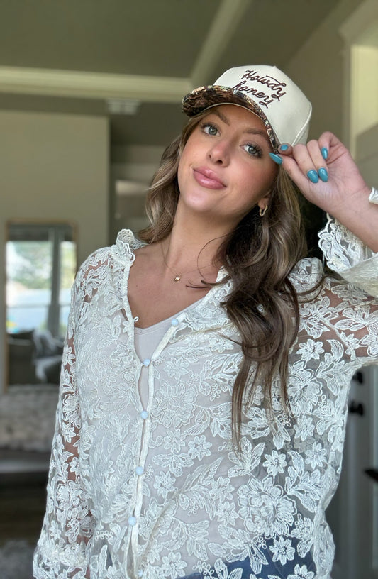 Boho Beige Lace Floral Sheer Blouse