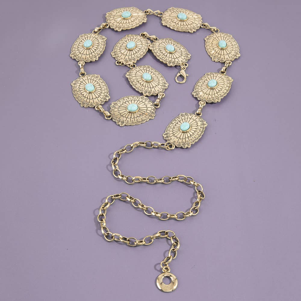 Western Concho Chain Belt With Turquoise Stone