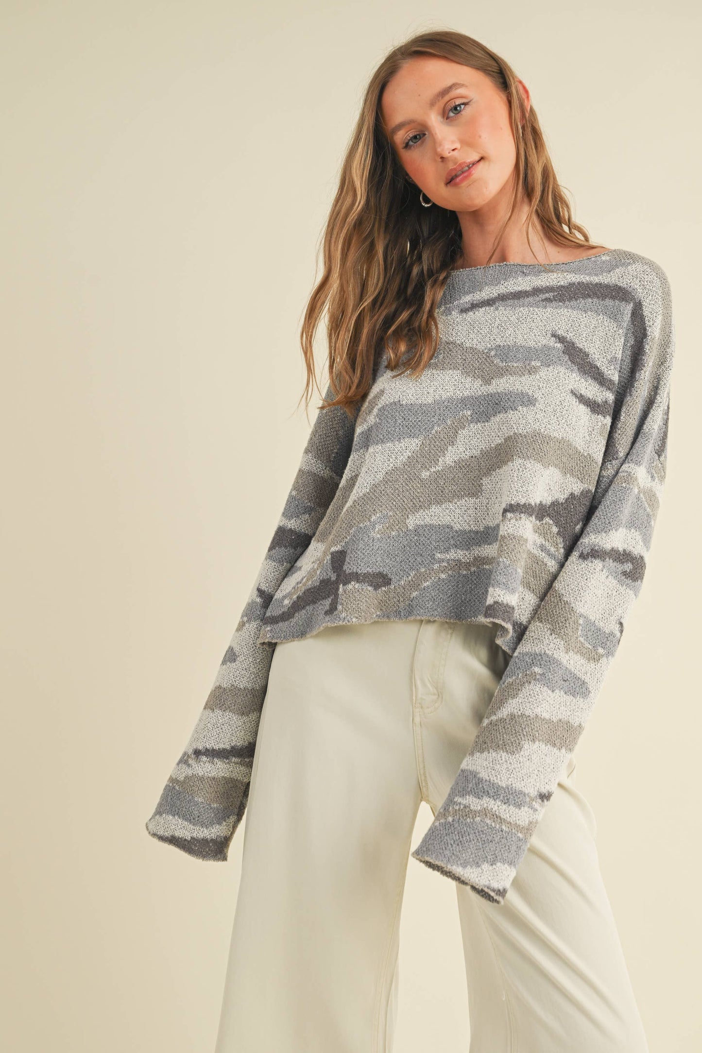 CAMO BOAT NECK LIGHTWEIGHT SWEATER