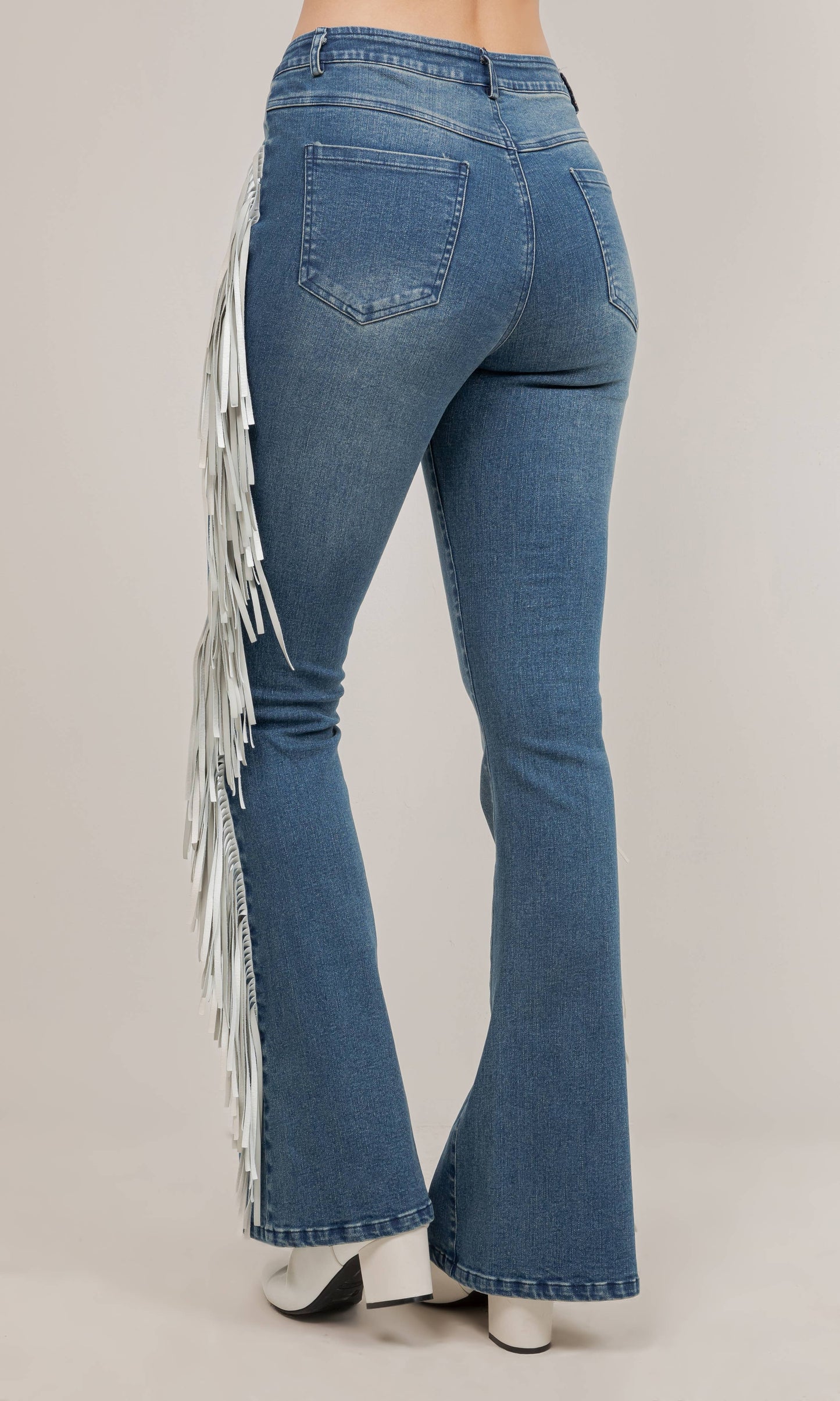 LEXI BELLE MEDIUM WASH FRINGE DENIM PANTS