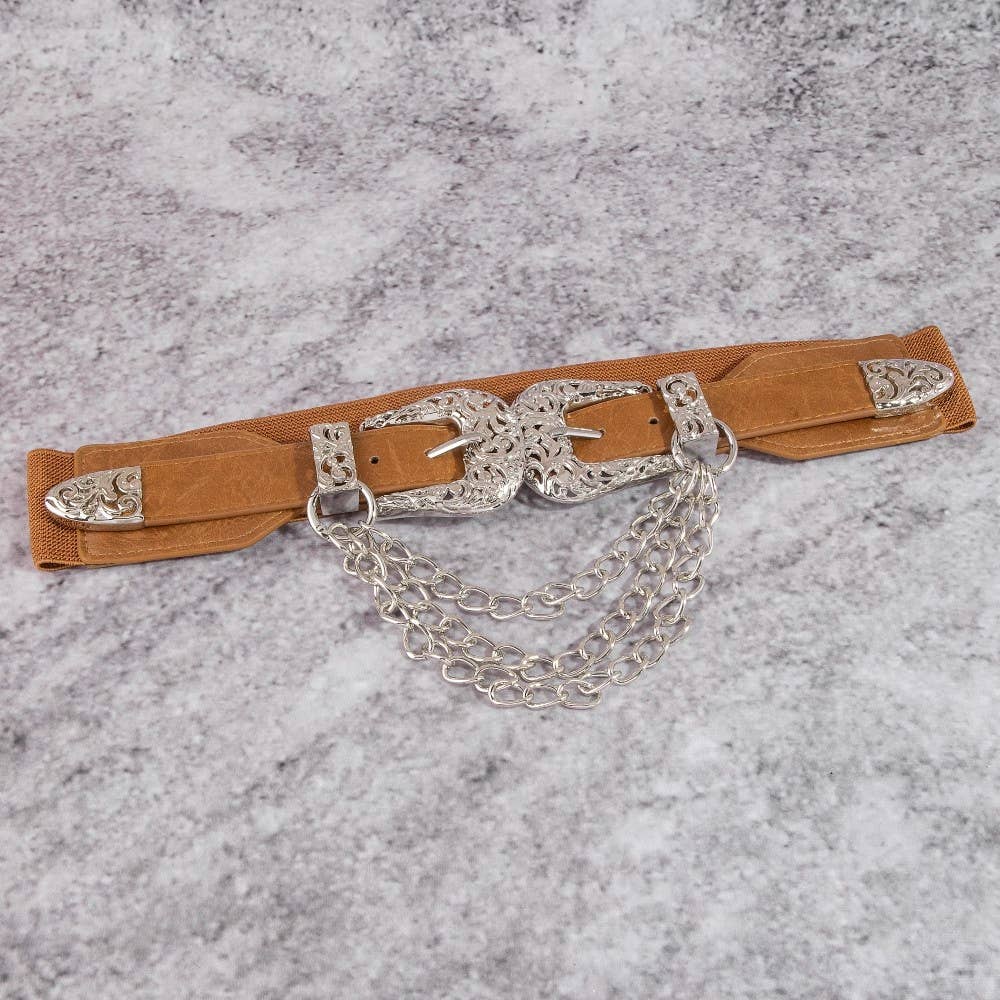Gold Double Buckle Chain Detail Vegan Leather Belt