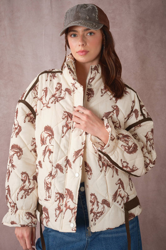 Western Horse Print Quilted Jacket