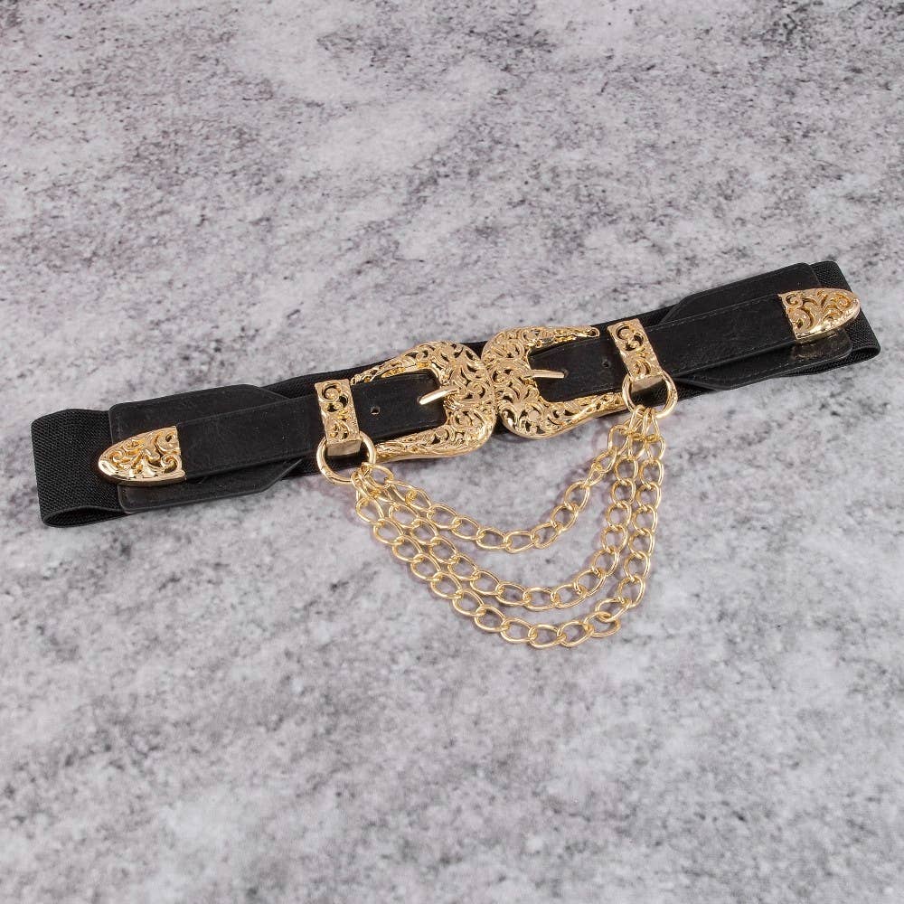 Gold Double Buckle Chain Detail Vegan Leather Belt