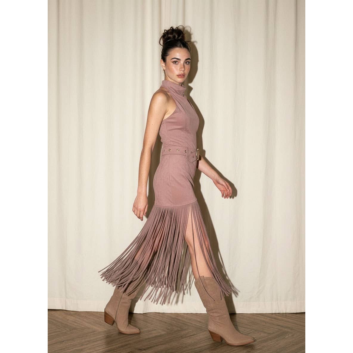 DESERT ROSE HALTER FRINGE DRESS
