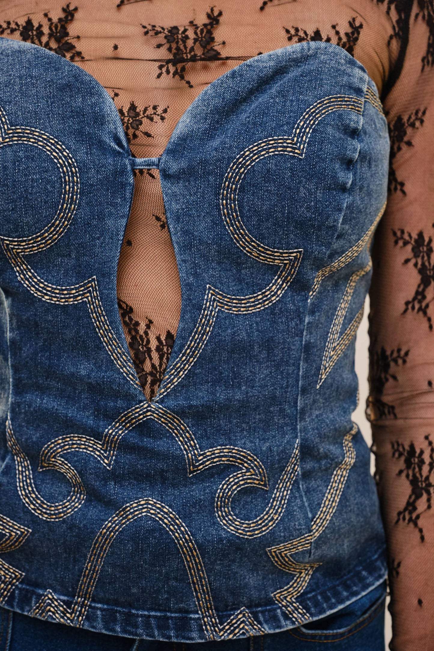 Country Sweetheart Cutout Embroidery Denim Top