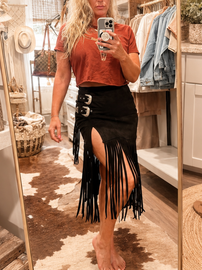 Black Suede Fringe Buckle Skirt