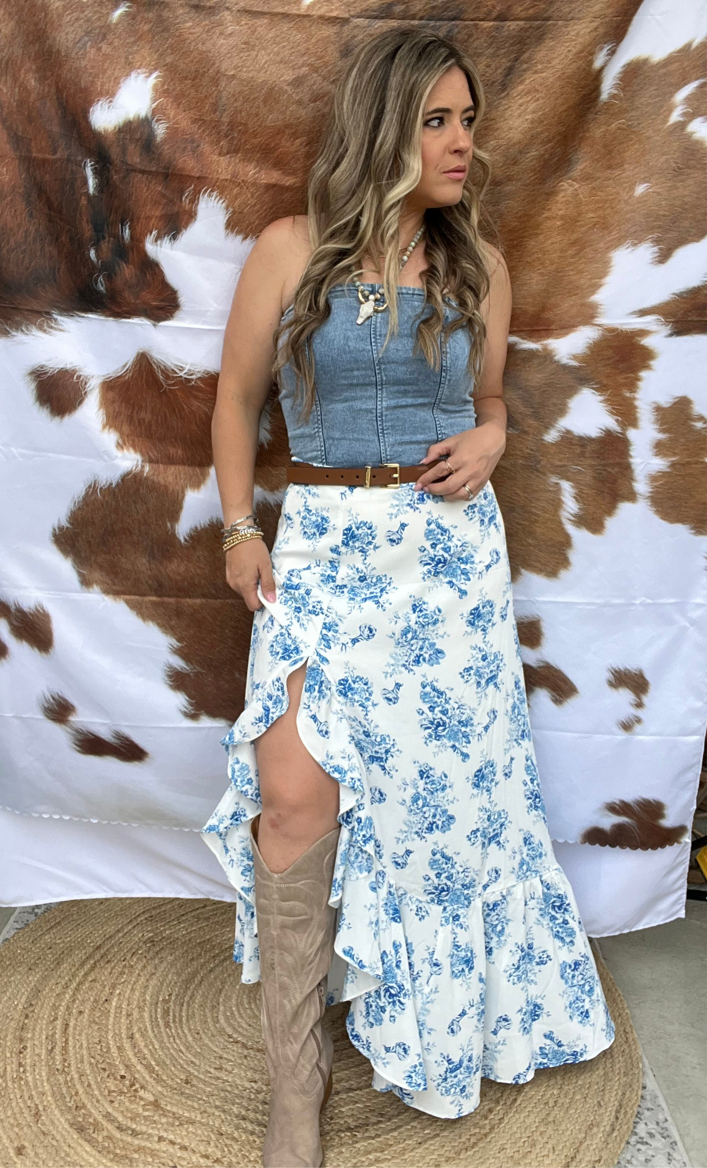 Ashley Boho Floral Ruffle Split Maxi Skirt