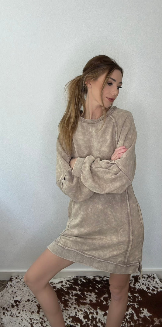 Mineral Washed Raglan Sleeve Casual Mini Dress
