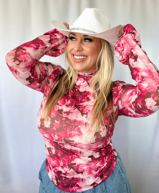 Stephanie Floral Hot Pink Mesh Mock Neck Blouse