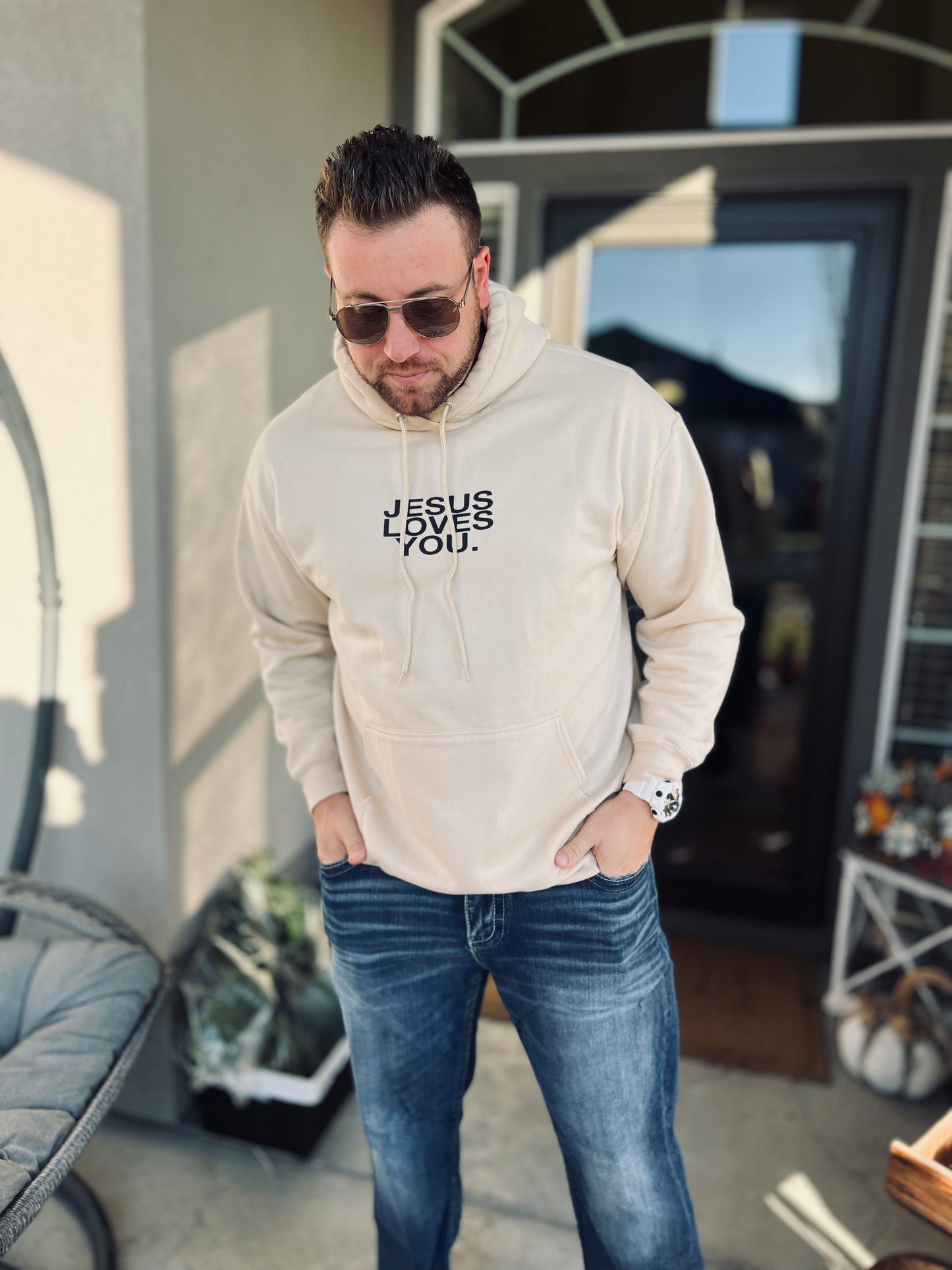 Jesus Loves You "Check Front" Sand Hoodie
