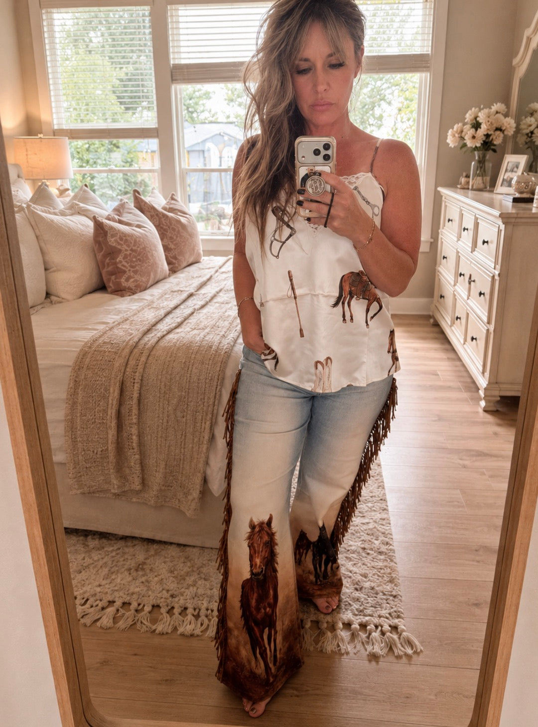 Western Horse Print Fringe Wide Leg Jeans