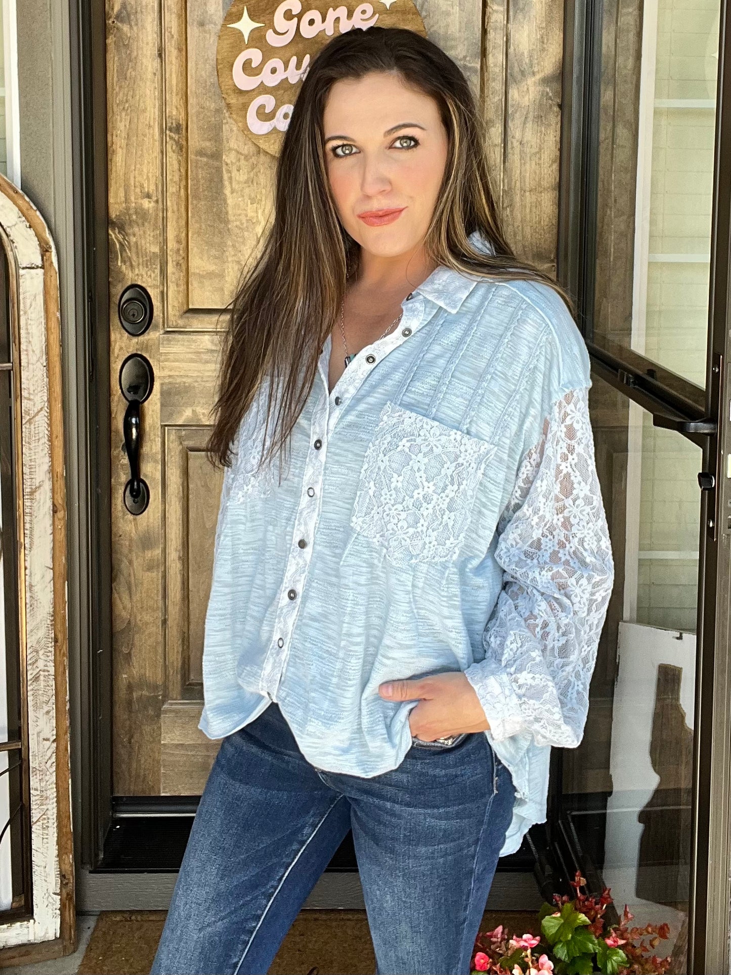 Lace Long Sleeve Button Down