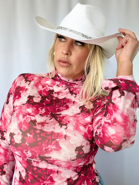 Stephanie Floral Hot Pink Mesh Mock Neck Blouse