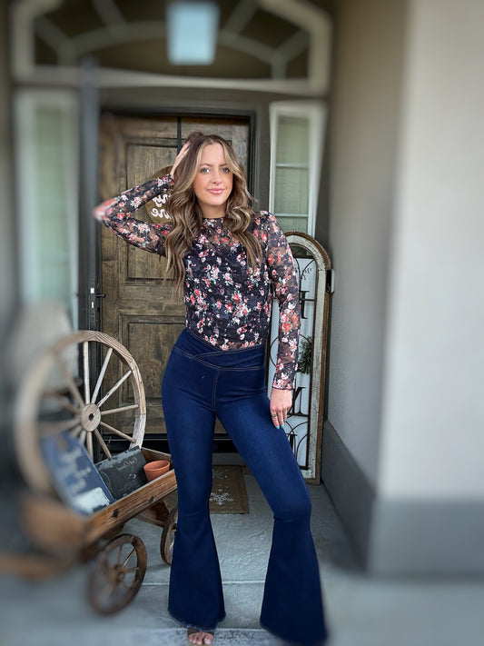 Stephanie Black Floral Mesh Long Sleeve Top