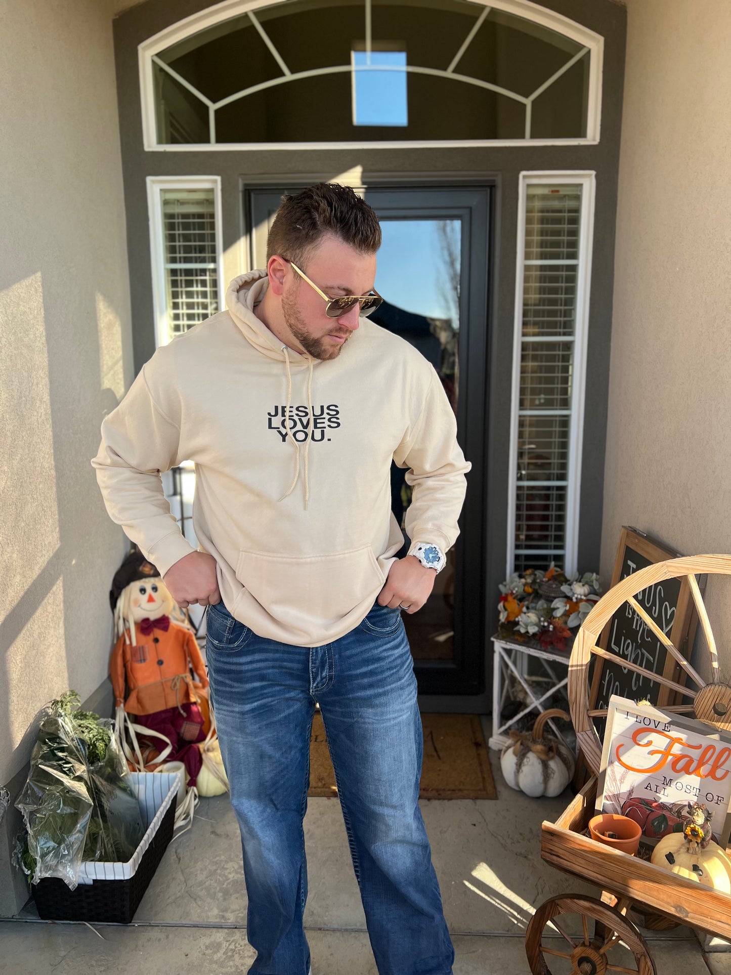 Jesus Loves You "Check Front" Sand Hoodie