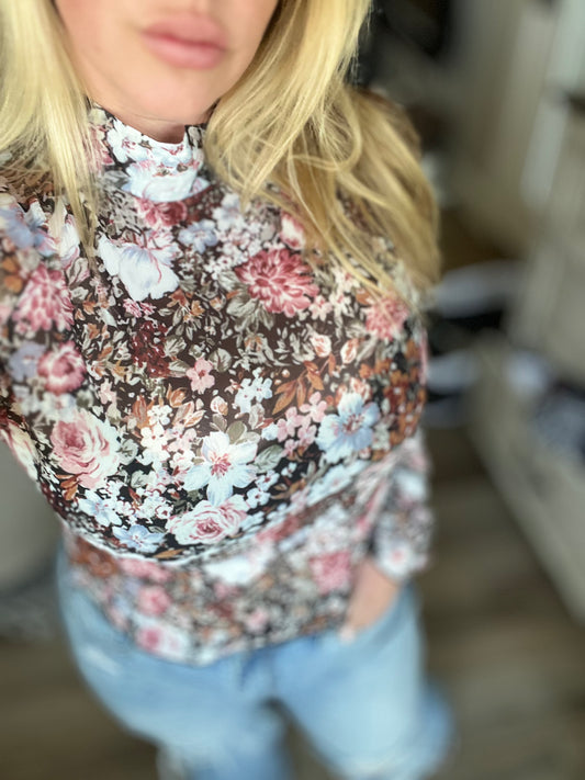 Stephanie Brown Floral Mesh Long Sleeve Blouse