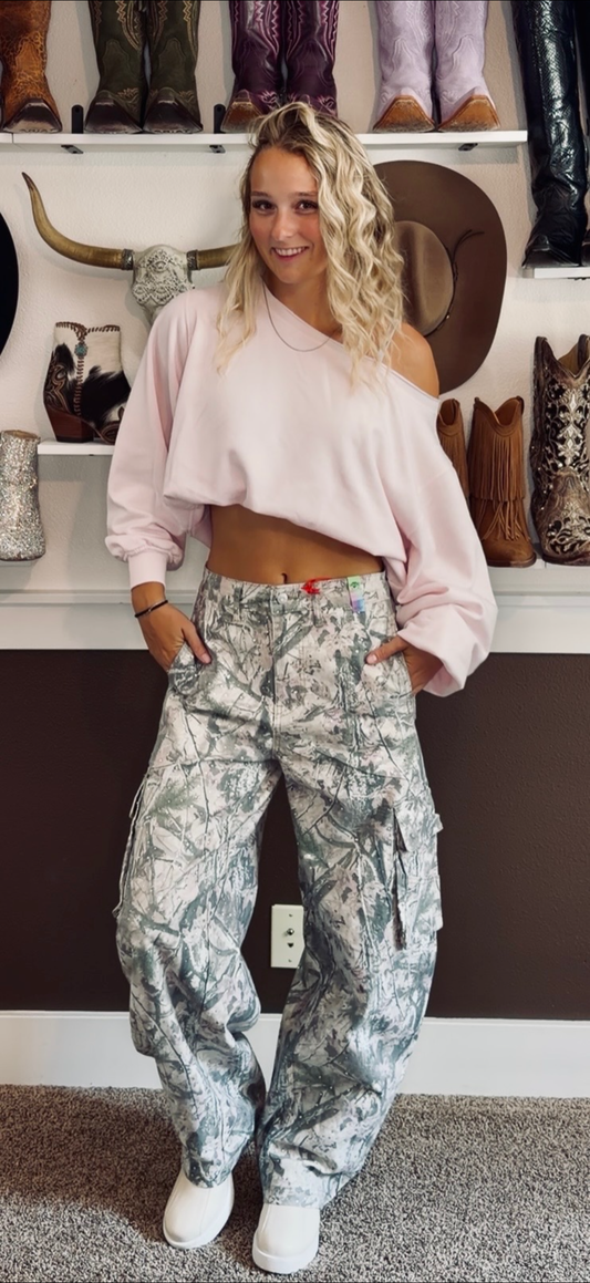 Rhinestone Camo Print Baggy Barrel Jeans