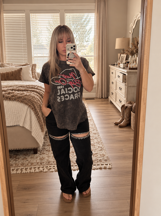 Black Jean Rhinestone Washed Denim Jeans