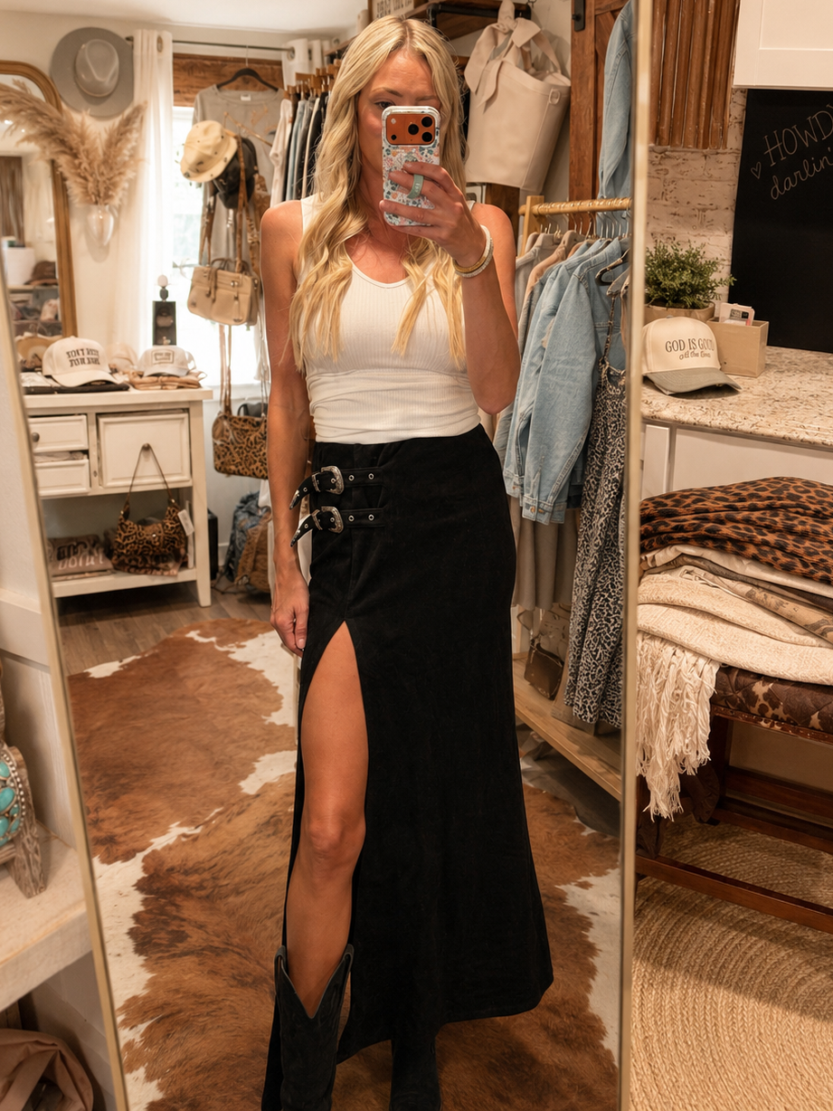 Western Faux Suede Maxi Skirt with High Slit