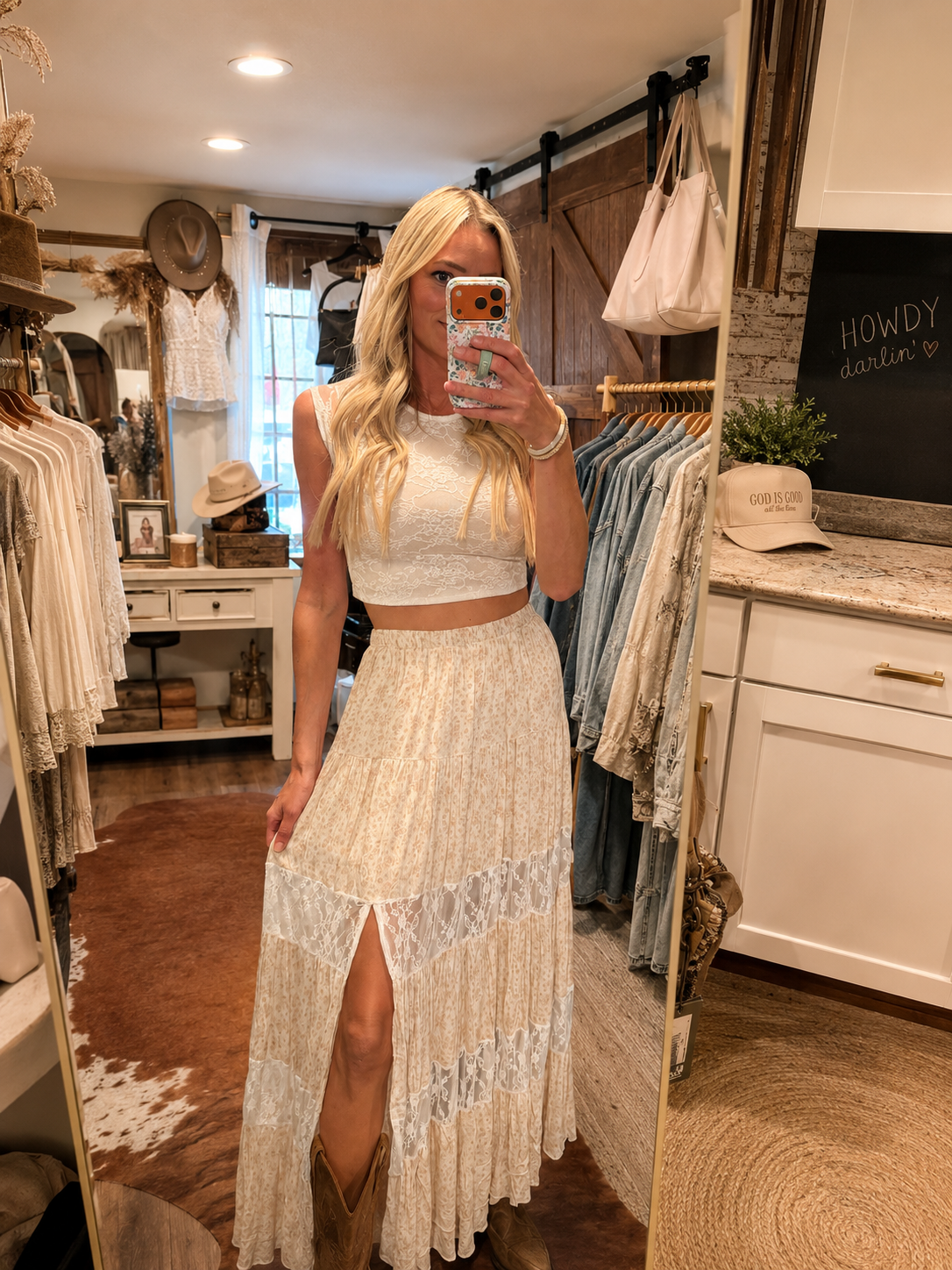 Blush Floral Lace Slit Maxi Skirt