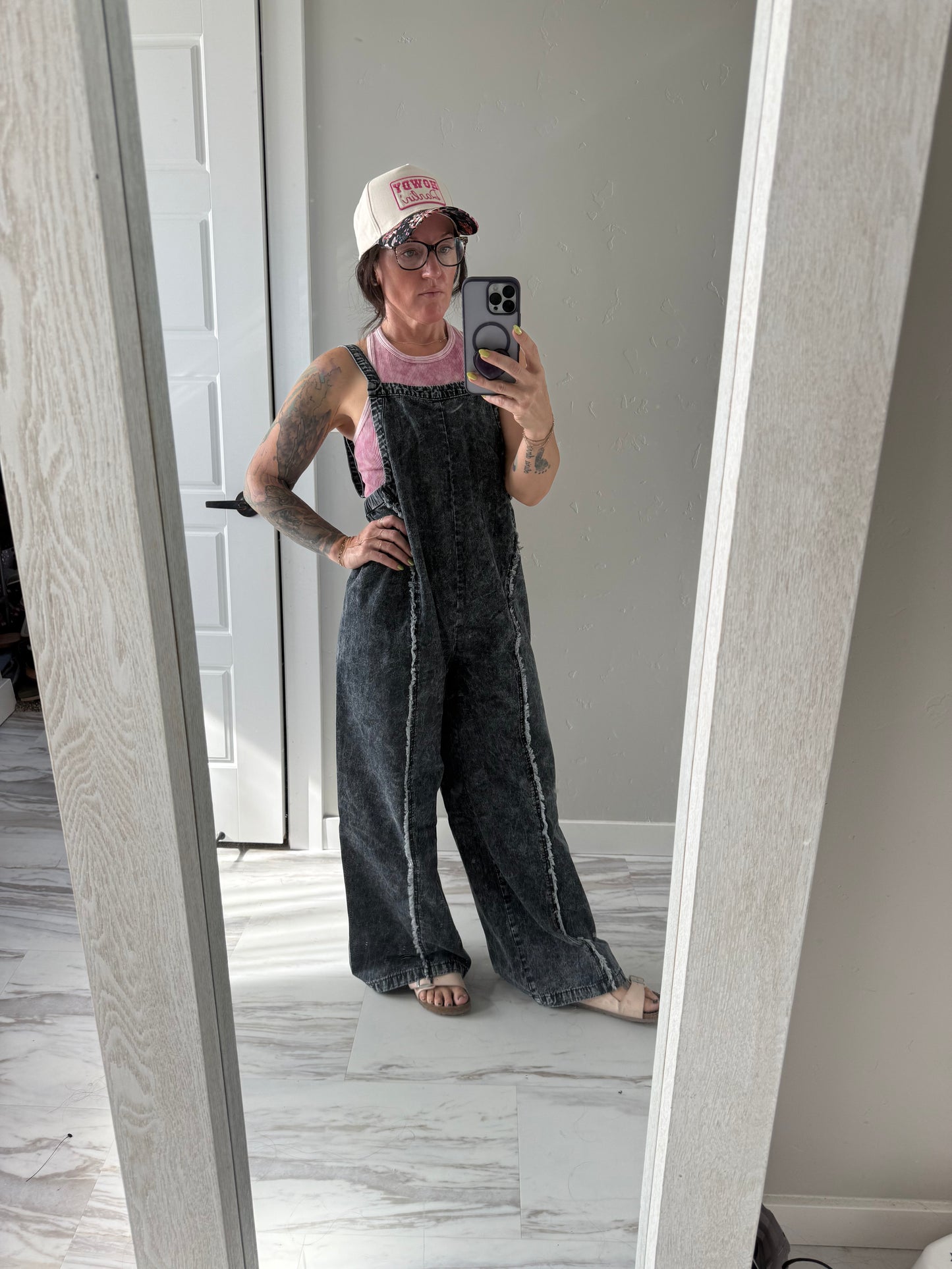 Dark Grey Wide-Leg Denim Overalls