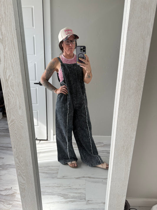 Dark Grey Wide-Leg Denim Overalls