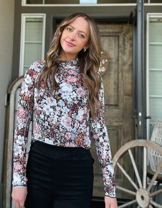 Stephanie Brown Floral Mesh Long Sleeve Blouse