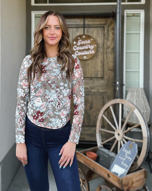 Stephanie Green Floral Mesh Long Sleeve Top