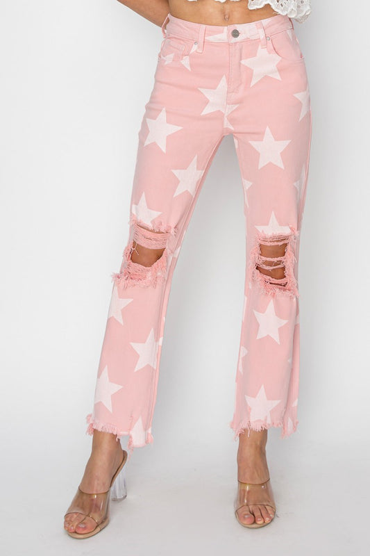 HIGH RISE STAR PRINTED STRAIGHT PANTS