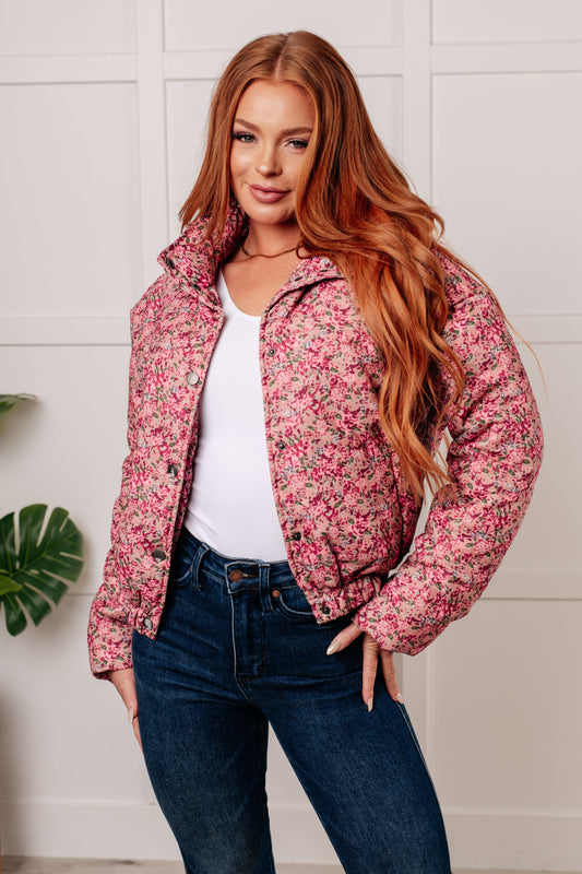 Wish Me Well Floral Printed Puffer Jacket in Rose Multi *Online Only*