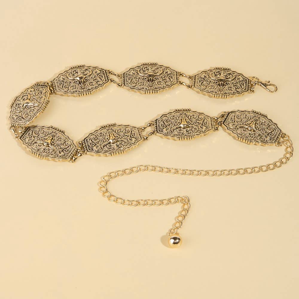 Western Bull Skull Engraved Concho Chain Belt