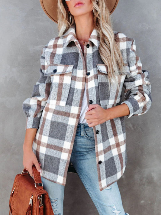 Plaid Collared Neck Long Sleeve Jacket *Online Only*