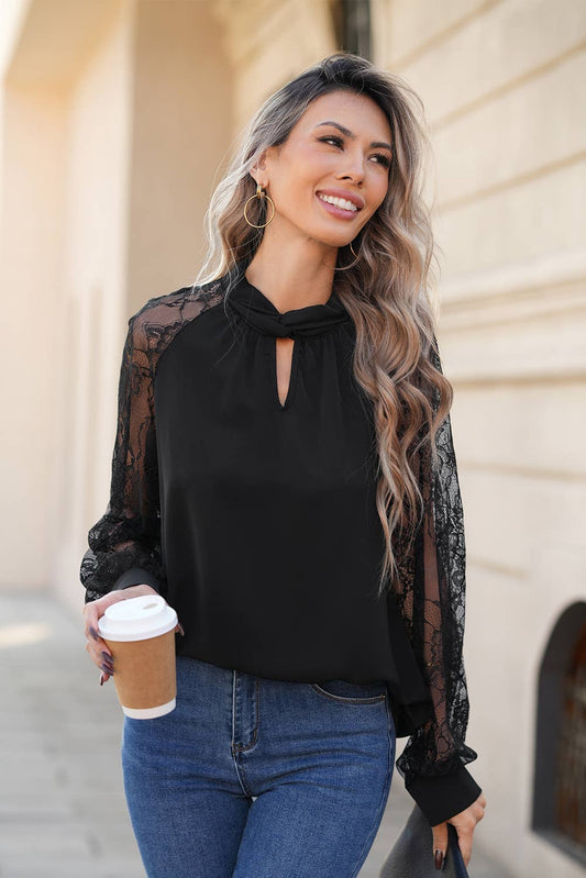 Keyhole Neckline Floral Lace Raglan Sleeve Blouse