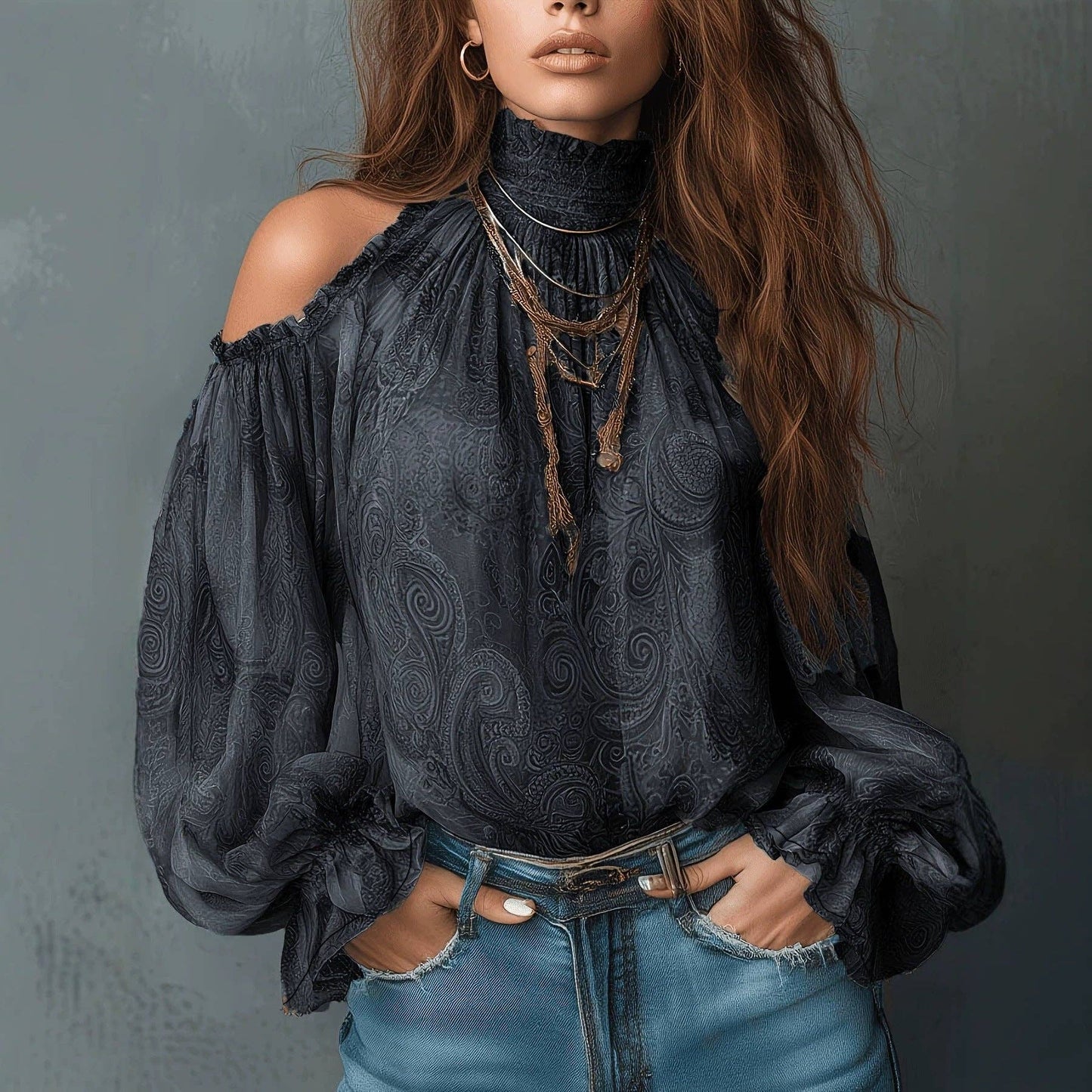 Chic Retro High Neck Off-Shoulder Chiffon Blouse with Lantern Sleeves