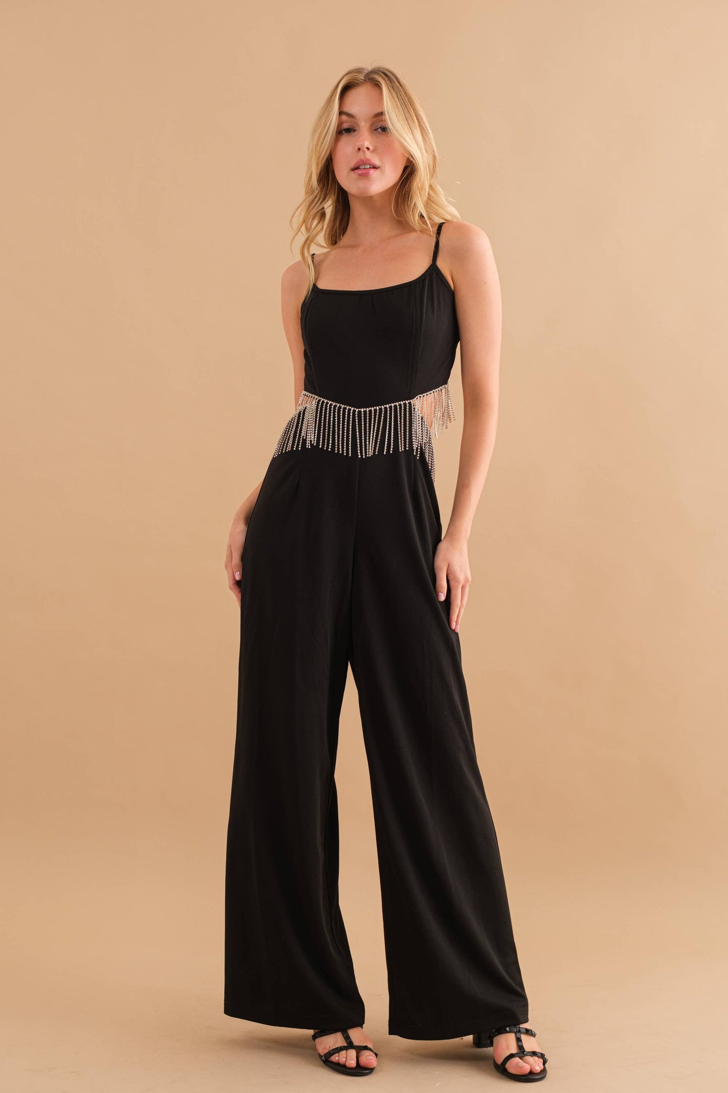 Rhinestone Fringe Cut Out Side Open Back Jumpsuit