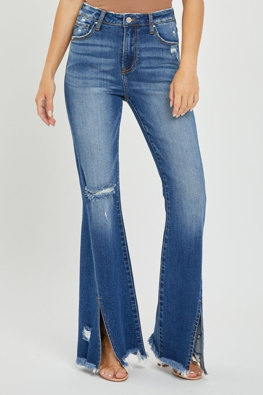 RISEN High Rise Front Slit Frayed Hem Flare Jeans *Online Only*