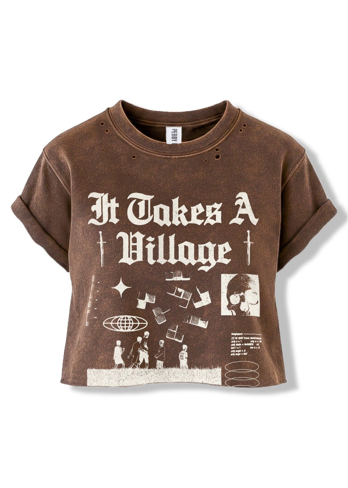 CROPPED IT TAKES A VILLAGE DESTRUCTED SIDE SLIT TEE