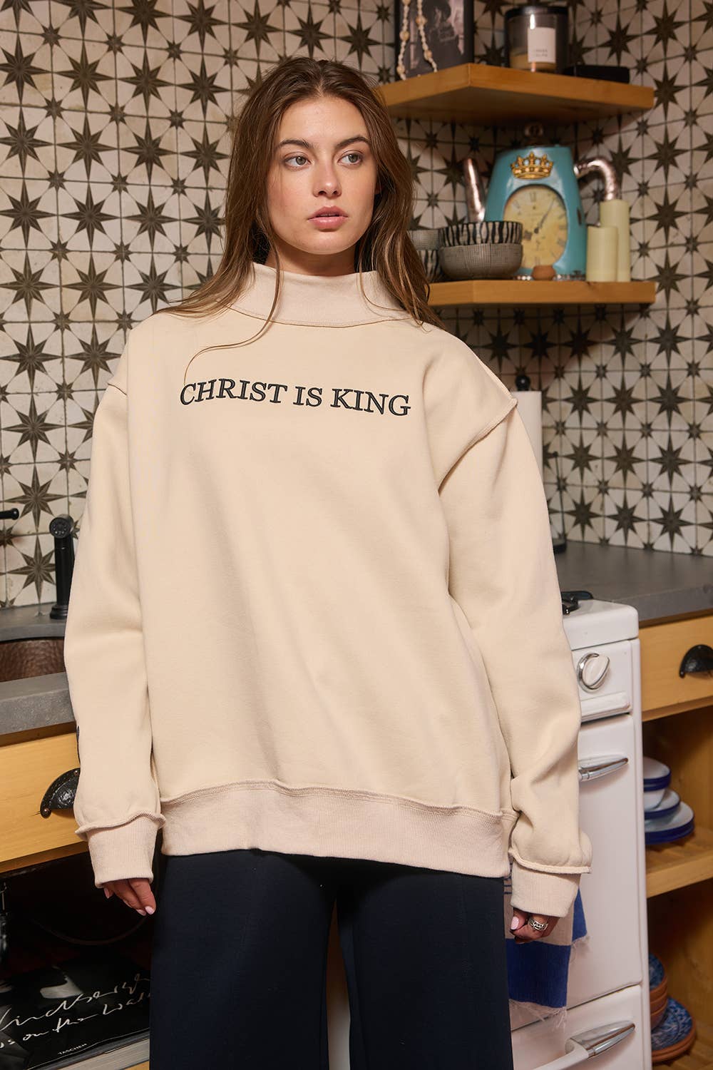 CHRIST IS KING Embroidered Mock Neck Sweats